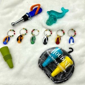 Vintage (Lot) Art Glass Wine Charms-set of 6- & Wine Bottle Stoppers (Flip-Flop)